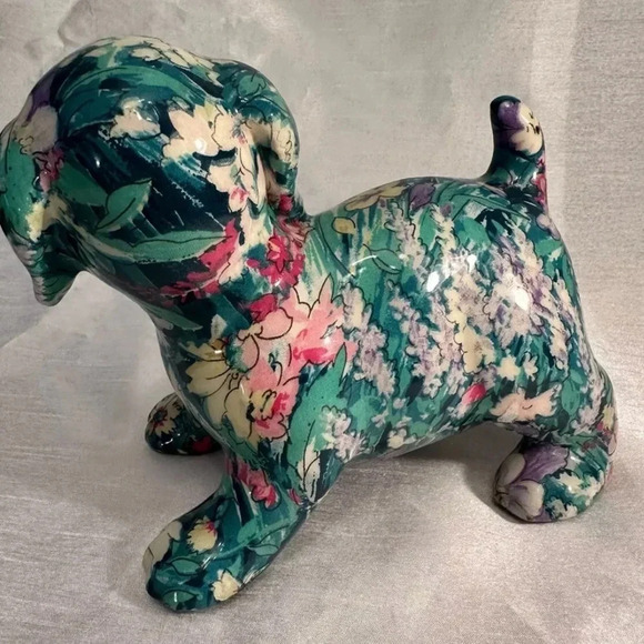 7" Floral Decoupage Porcelain Patchworks Puppy Dog Figurine by Joan Baker Design - Picture 2 of 5